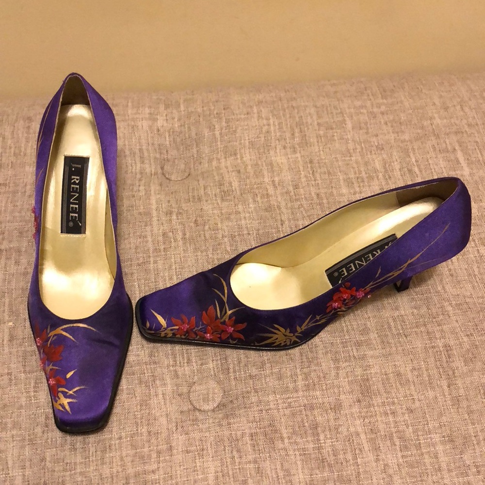 Purple satin beaded and hand painted heels